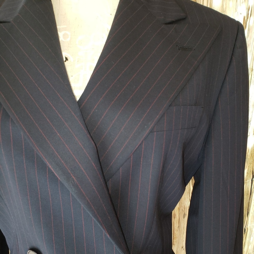 Rare! VINTAGE 90's Ralph Lauren Dbl Brst Red Pinstriped Skirt Suit, Navy, 10 - Picture 2 of 11